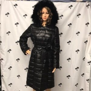 Kenneth Cole Belted Button Up Faux Fur Hood Coat